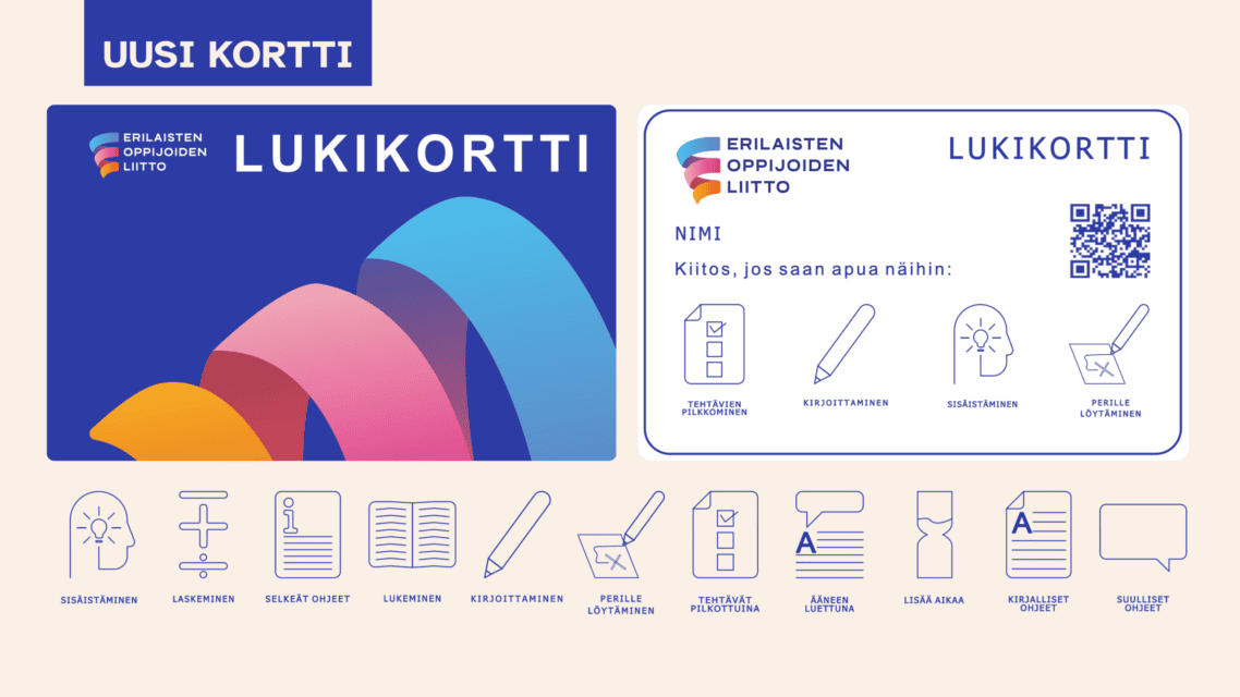 Kuvassa esitellään Erilaisten oppijoiden liiton uusi Lukikortti. Vasemmalla kortin etupuoli, jossa lukee ”Lukikortti” ja näkyy liiton logo sekä värikäs kaarimuotoinen kuvitus sinisen taustan päällä. Oikealla kortin takapuoli, jossa on tila nimelle, teksti ”Kiitos, jos saan apua näihin:” sekä QR-koodi. Alla on kuvakkeita, jotka kuvaavat tuen tarpeita, kuten tehtävien pilkkominen, kirjoittaminen, sisäistäminen ja perille löytäminen. Kuvan alareunassa näkyy lisää symboleja, jotka kuvaavat lukemisen, laskemisen, selkeiden ja suullisten ohjeiden, ääneen lukemisen, lisäajan ja kirjallisten ohjeiden tarvetta.